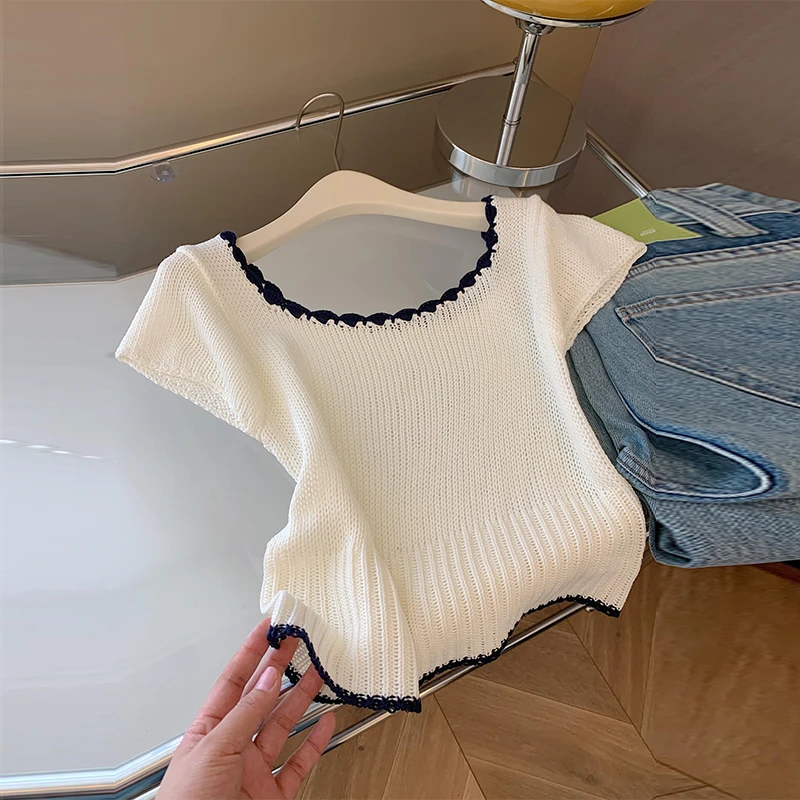 2025夏季新款韩版蕾丝花边圆领短袖针织衫女修身百搭显瘦短款上衣