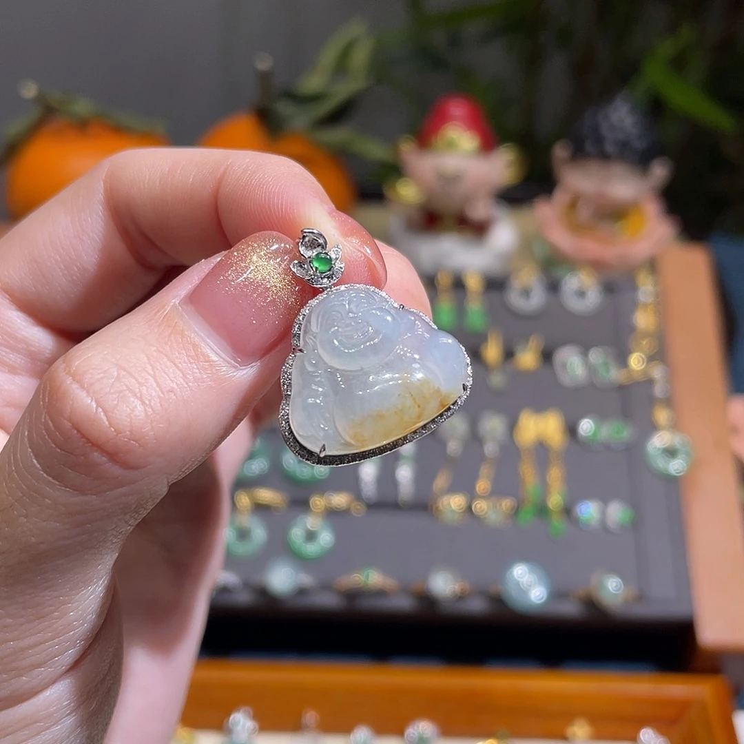 翡翠颈饰18K金镶嵌肚里藏金 舒佛