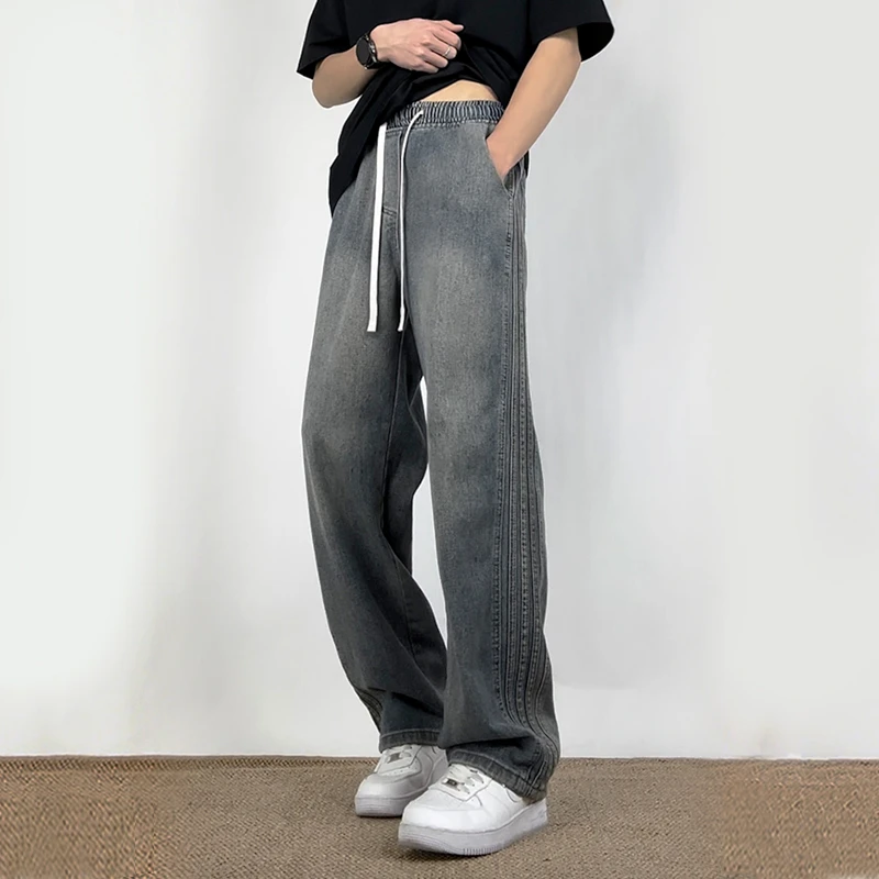 个性三纹阔腿长裤2025新款潮流宽松直筒百搭休闲水洗牛仔裤男