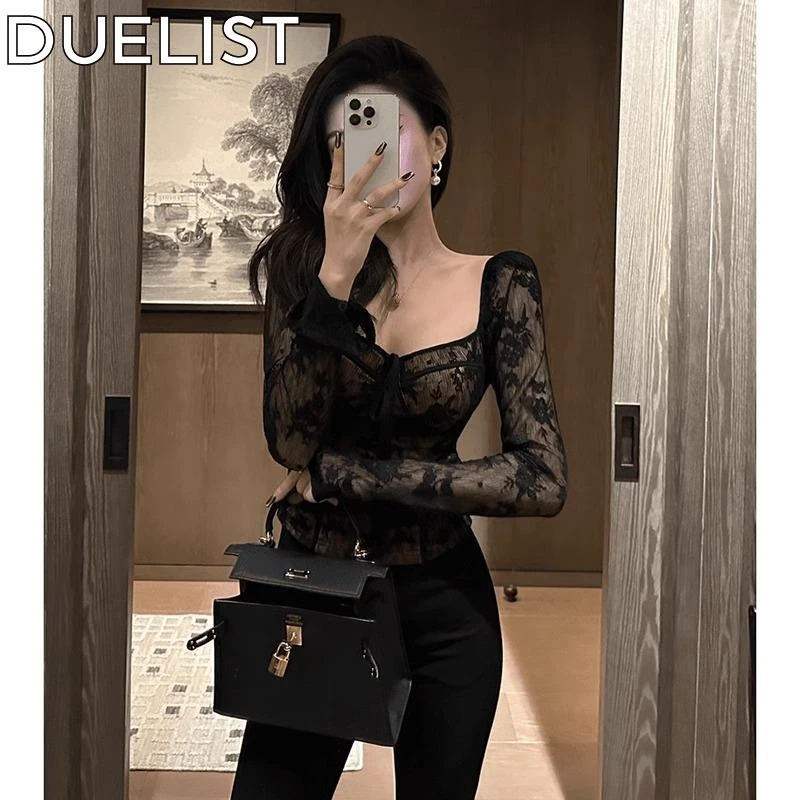 DUELIST方领长袖恤新款蝴蝶结纯欲风辣妹蕾丝打底衫成熟御姐上衣