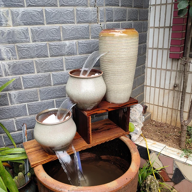 古法养鱼瀑布流水陶罐户外庭院生态鱼缸别墅鱼池循环流水摆件包邮