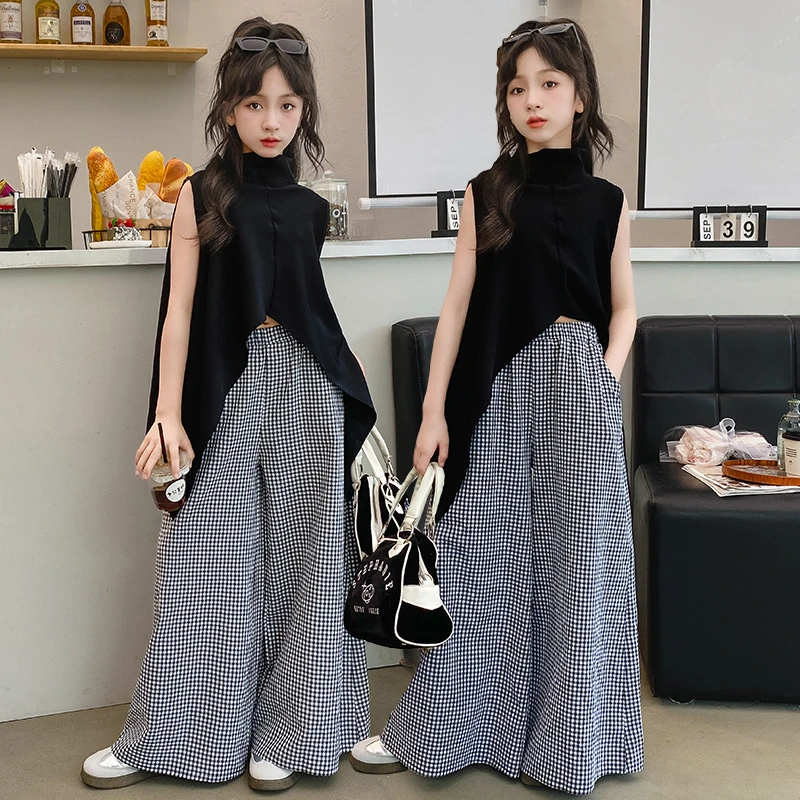 女童夏装套装2025新款夏季大童洋气无袖上衣时髦女孩裙裤两件套潮