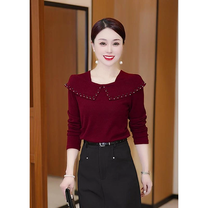 新款方领纯色设计感上衣气质百搭显瘦减龄钉珠时尚打底衫女女士