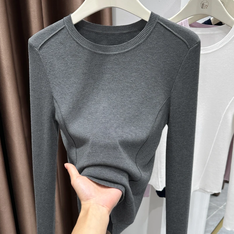 韩版灰色休闲内搭针织衫圆领修身上衣秋冬季新款舒适长袖打底衫女