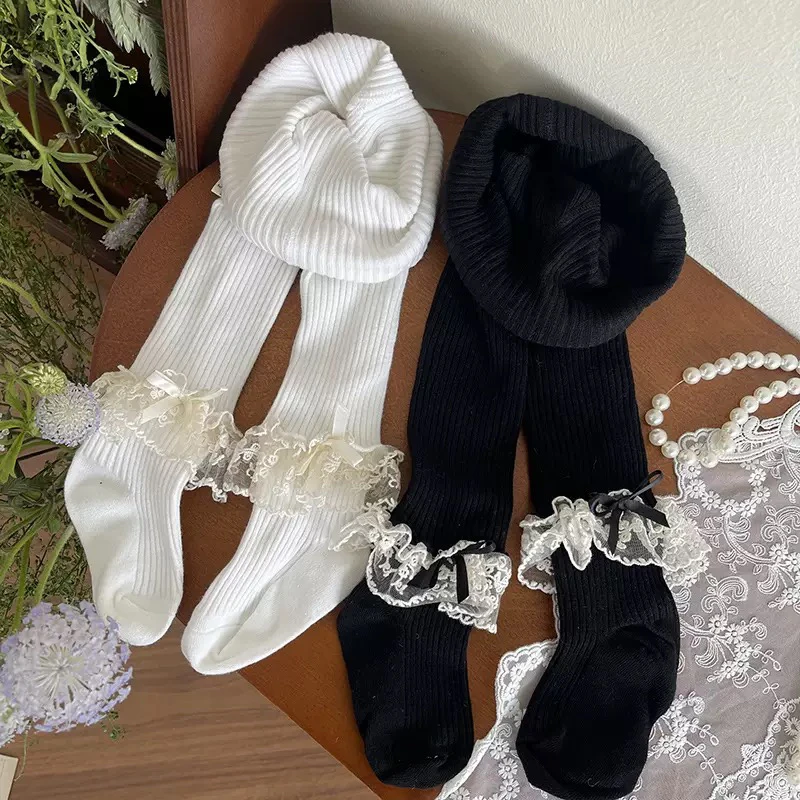 设计师款春新品刺绣蕾丝花边蝴蝶结女儿童宝宝学生棉舞蹈打底裤袜