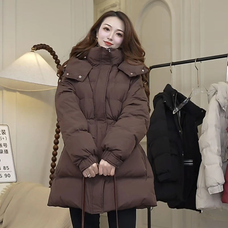 收腰三角标加厚韩版羽绒服女百搭中长款冬季连帽显瘦气质外套