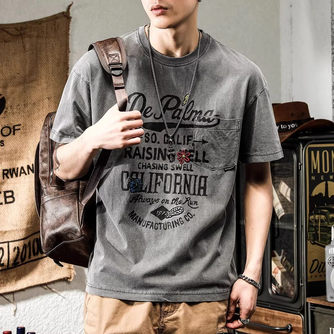 美式重磅水洗纯棉夏季复古男装潮牌短袖t恤男宽松男士半袖体恤潮