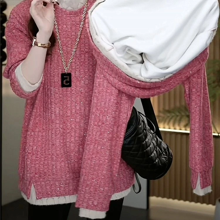 大码设计感拼接蕾丝领中长款T恤女长袖秋冬保暖打底衫遮屁股上衣