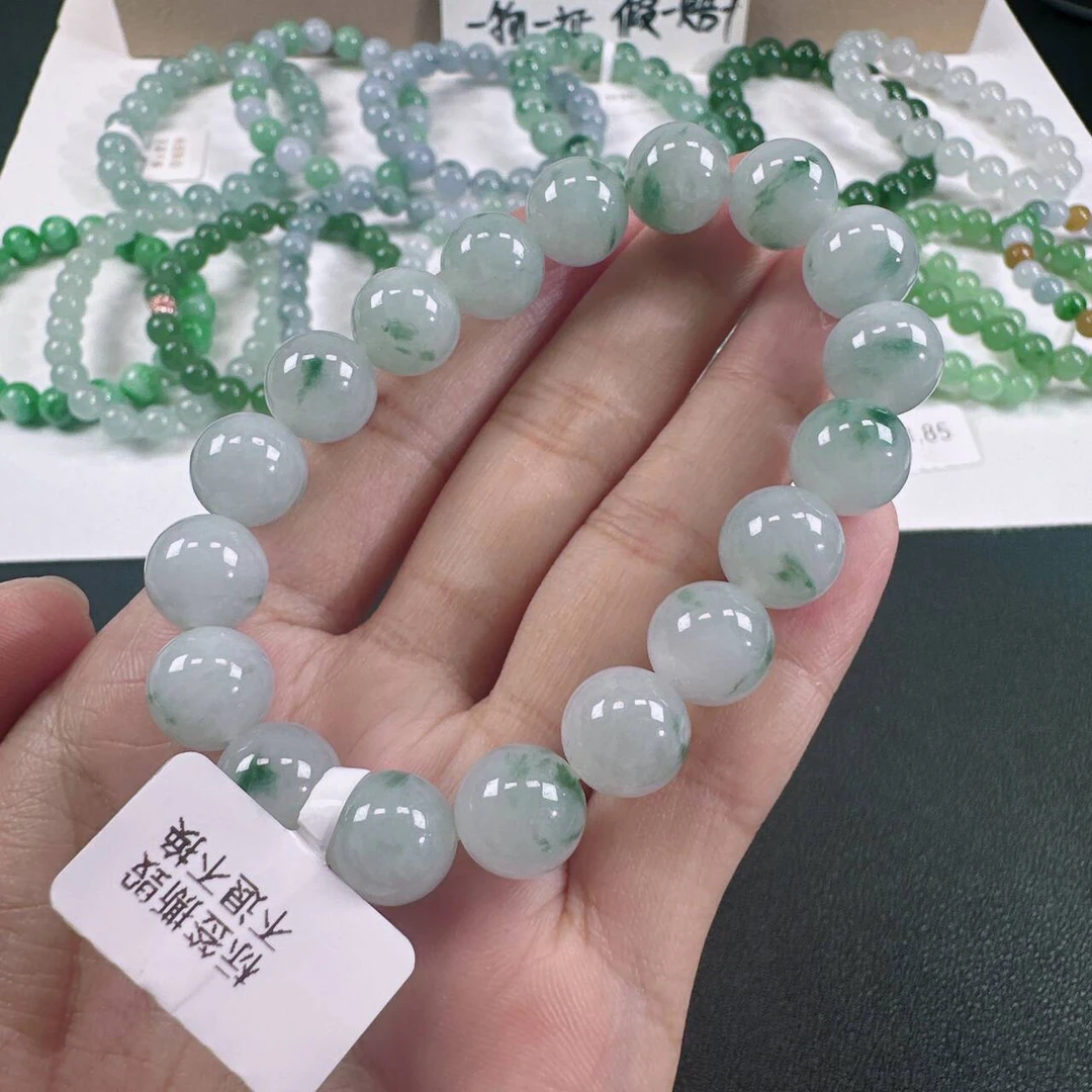天然A货翡翠卡10.9mm老坑糯冰种飘花圆珠单圈女士时尚手串