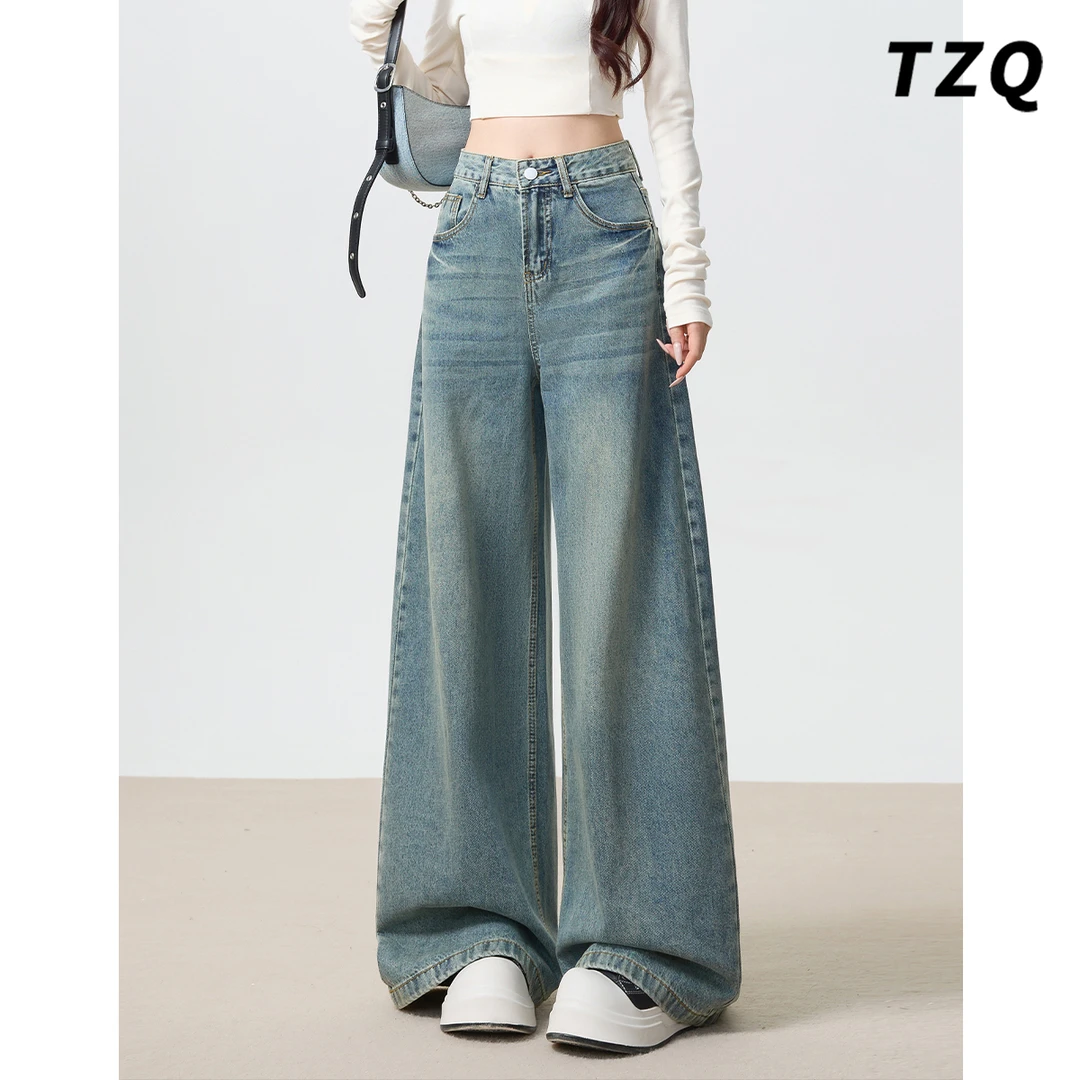 美式复古阔腿牛仔裤女2025爆款做旧宽松显瘦慵懒拖地裤