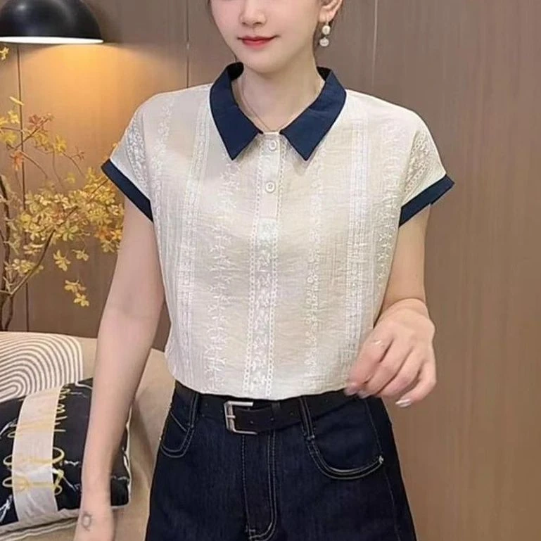 撞色POLO领短袖衬衫女2025夏季新款韩版时尚刺绣洋气减龄百搭上衣