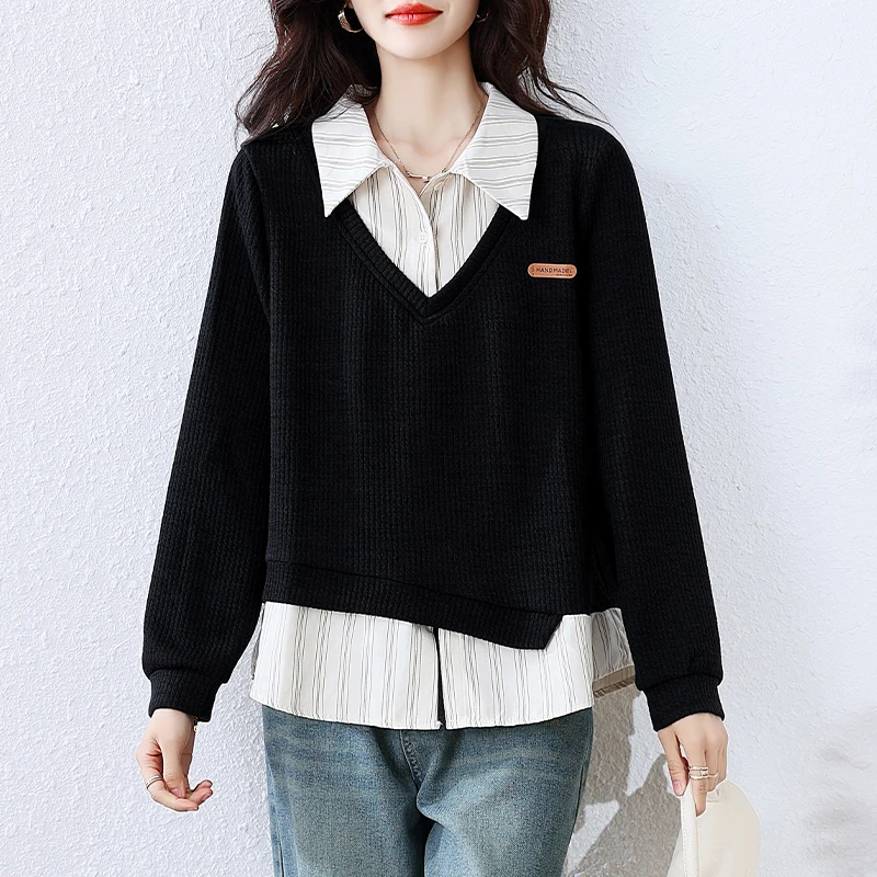 大码时尚洋气假两件长袖卫衣女春秋显瘦独特条纹拼接POLO减龄上衣