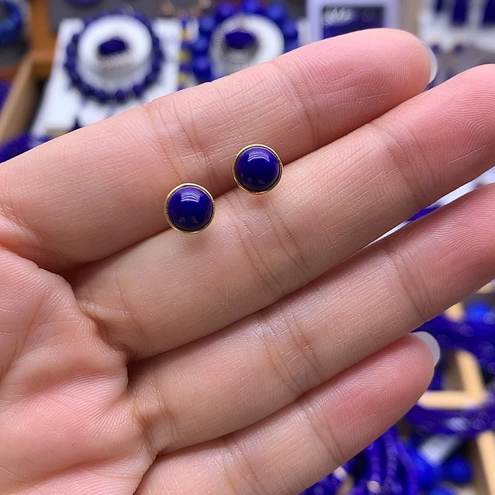 青金石银S925镀金镶嵌耳钉