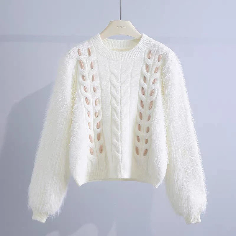 仿水貂绒穿绳麻花毛衣女秋冬新款时尚洋气百搭套头短款针织打底衫