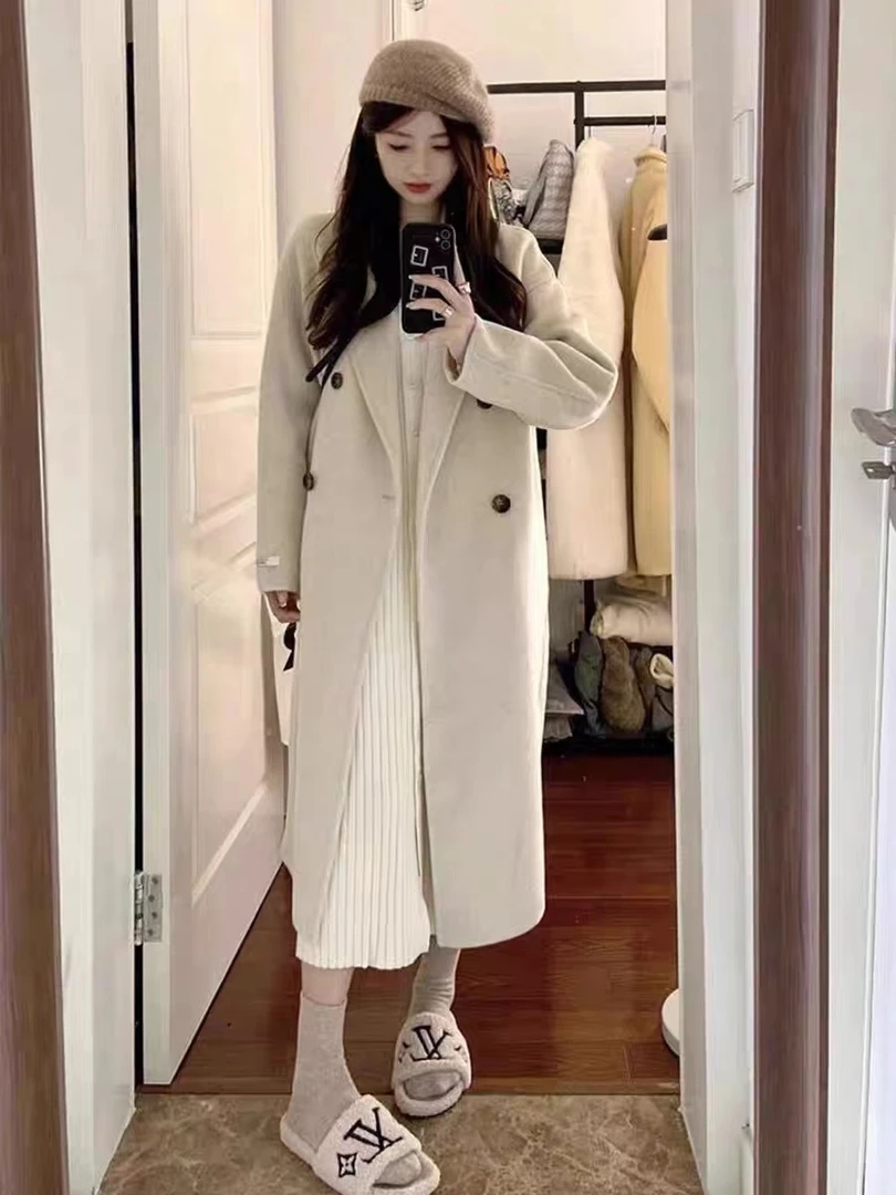 高端品牌羽绒拼接羊绒大衣女中长款新款韩版外套