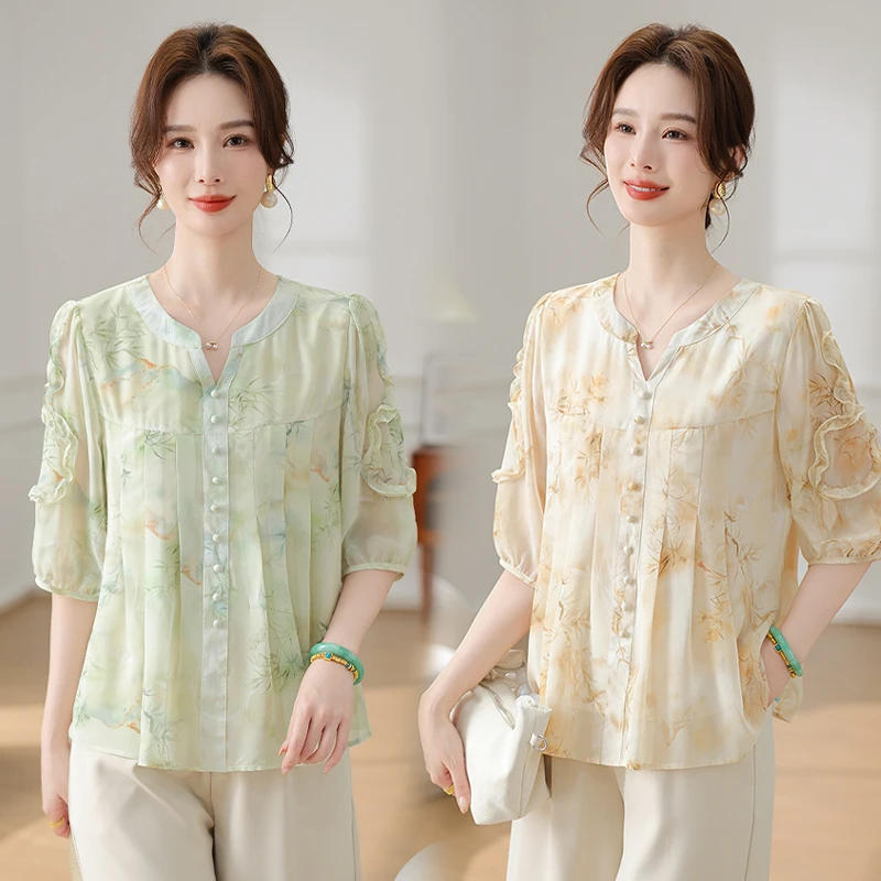 夏季雪纺小衫T恤衬衣轻薄甜美外穿2025新款中年女士衣服轻薄中袖