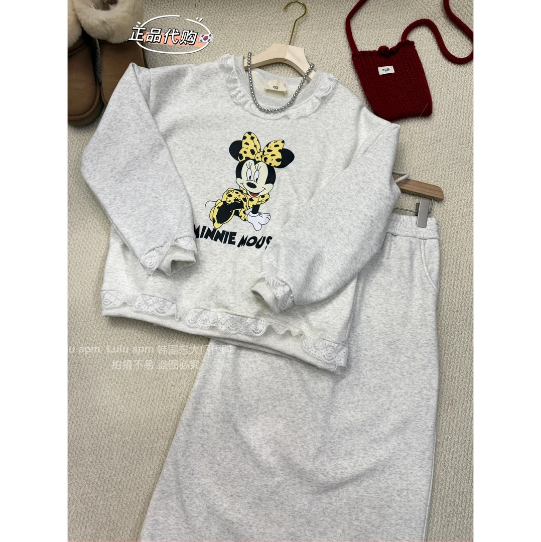 루루가− （米妮套装）韩国东大门冬新加绒花边米奇蕾丝卫衣+半裙套装