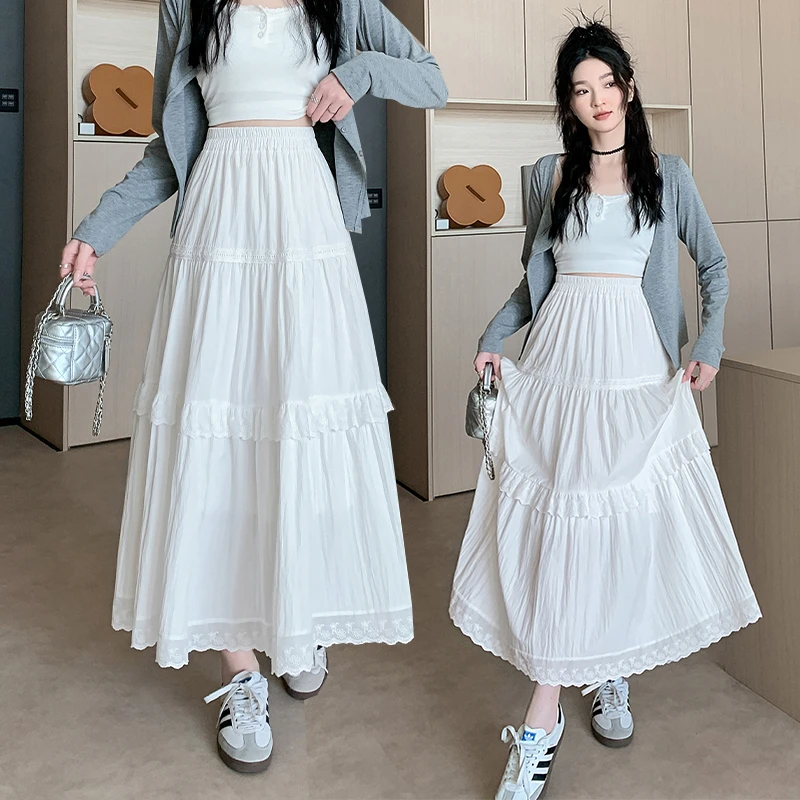 白色半身裙子巨显瘦蕾丝花边女2025春夏镂空绣花收腰a字蛋糕裙