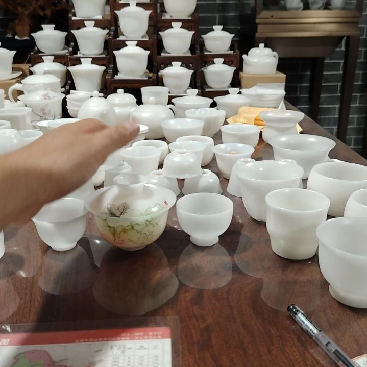 妹***庚寿桃大元宝盖碗璞玉素烧盖下140ml手绘花开富贵