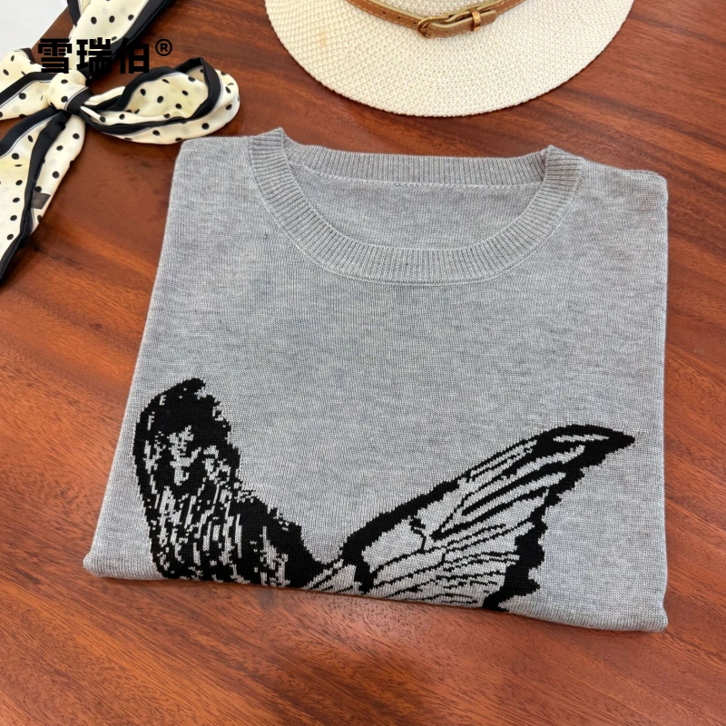 【冰凉丝滑更高级】气质蝴蝶夏季薄提花短袖女休闲T恤透气756