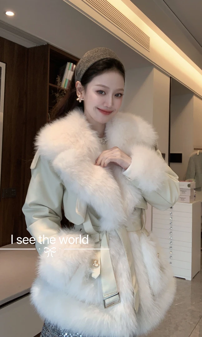 3072气质大毛领系带中长款毛毛外套女秋冬新款保暖30726#