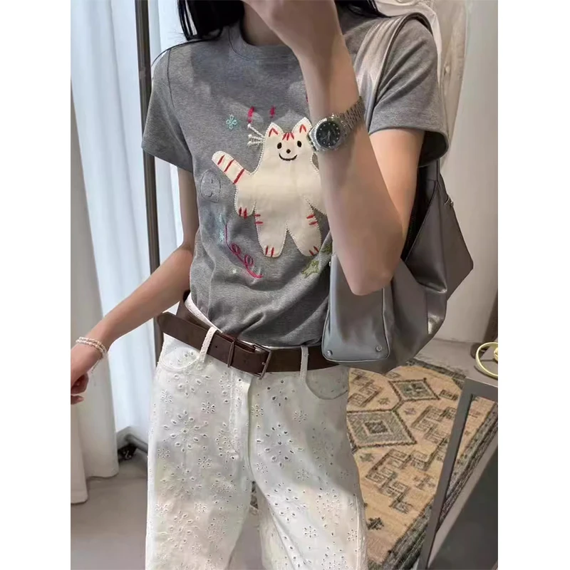 趣味立体猫咪刺绣短袖t恤女夏季韩版正肩休闲百搭半袖设计感上衣