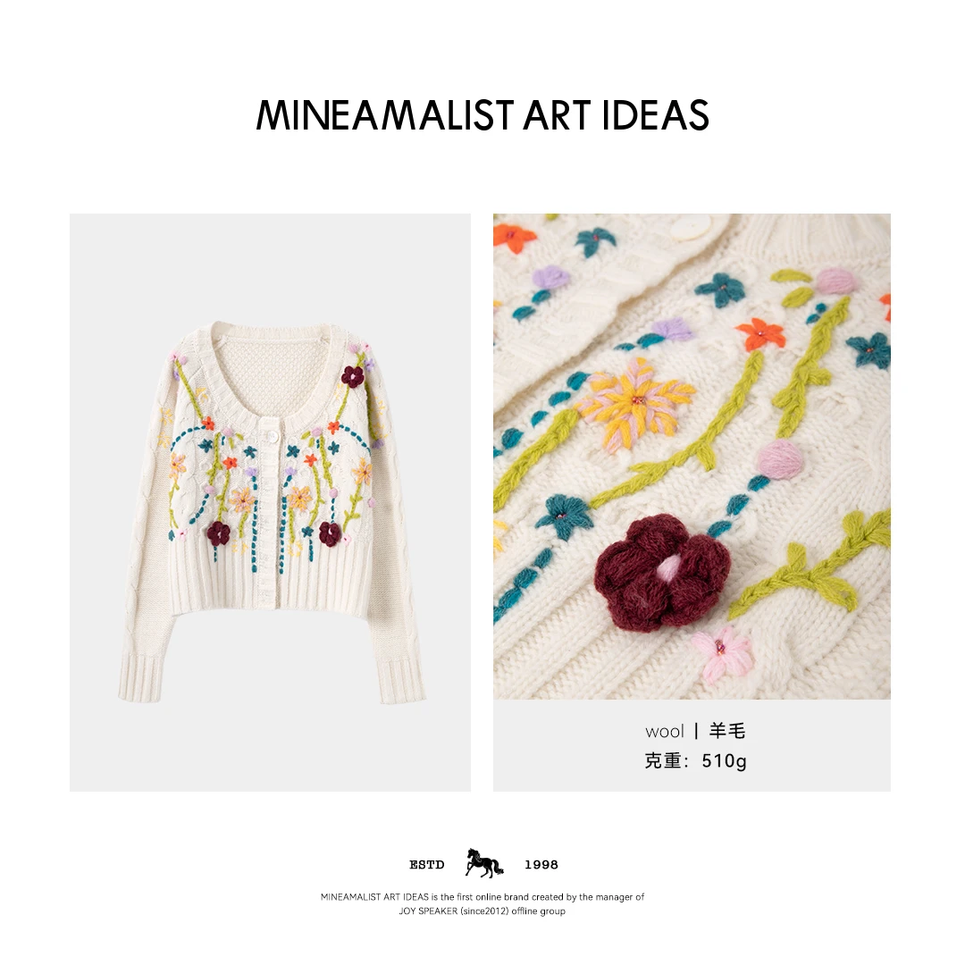 法式复古羊毛手工钩花立体圆领短款针织开衫3127M