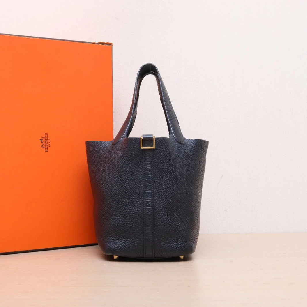 95新 Hermes/爱马仕 【黑黑】18 菜篮子 黑色 TC皮 D刻 金扣