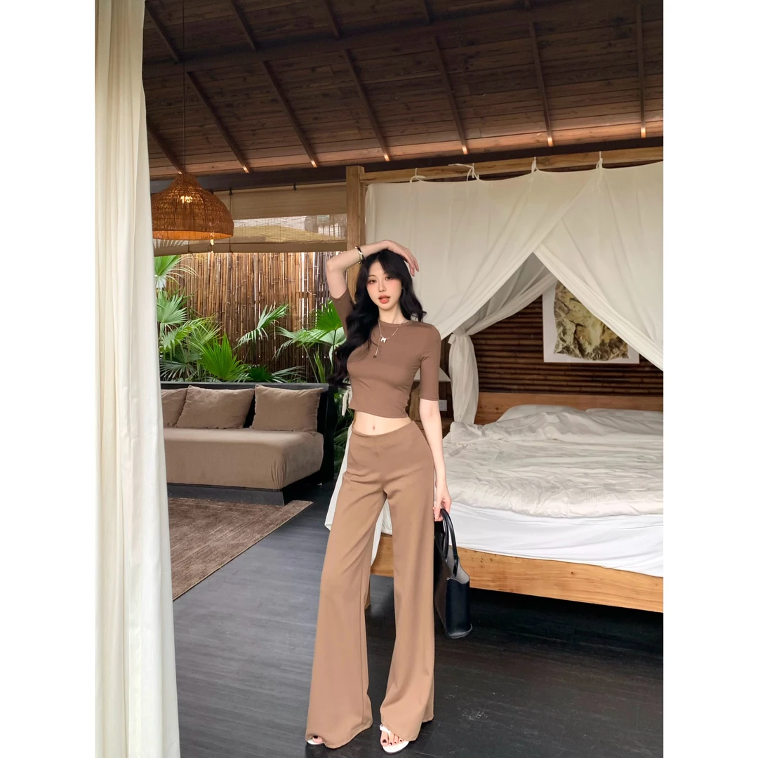 气质修身显瘦中袖T恤上衣百搭显瘦直筒阔腿长裤套装