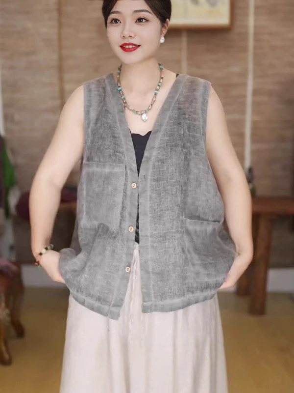 百搭款亚麻文艺风女常规款复古脏染马夹无袖背心马甲休闲宽松夏季