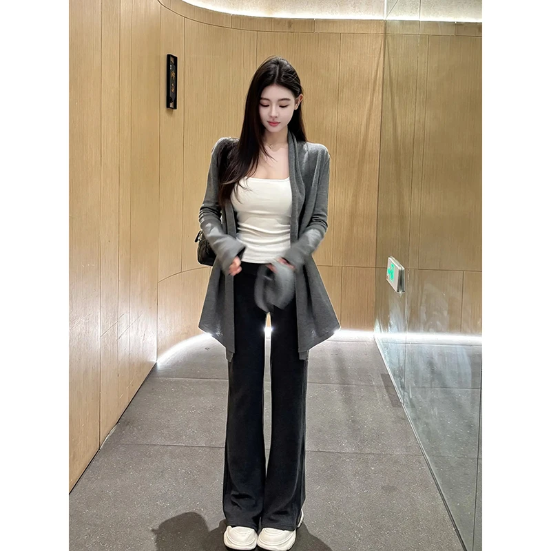 春秋慵懒风休闲针织开衫女内搭吊带背心韩系高腰垂感阔腿裤三件套