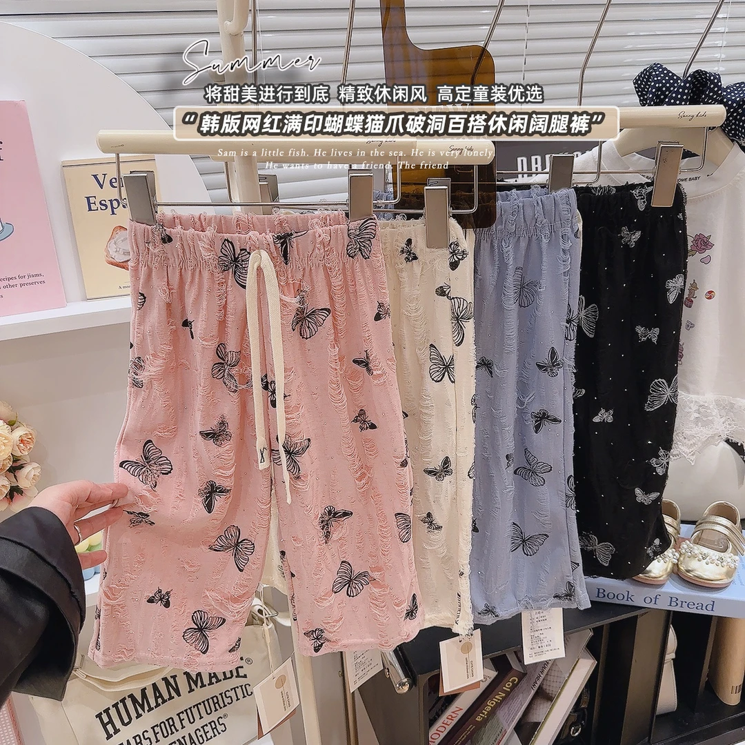 2025女童破洞蝴蝶印花休闲裤镶钻夏款新款垂感直筒阔腿裤
