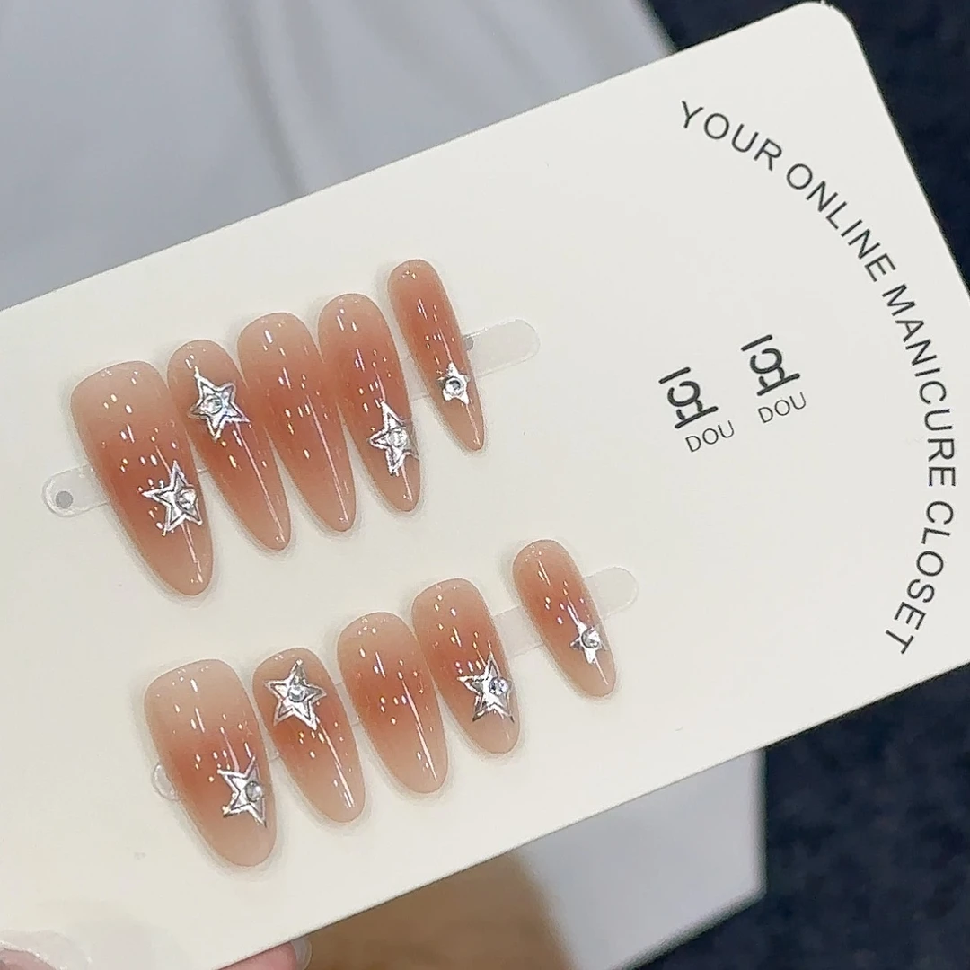 【微光】奶咖腮红星星钻简约干净显白纯手工穿戴甲10片