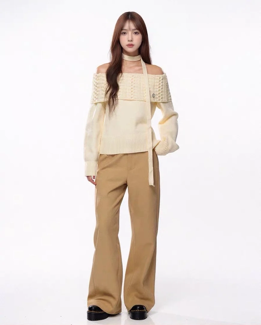 ELEV SLE韩版秋季新款麻花挂脖毛衣女慵懒风修身设计感一字肩上衣