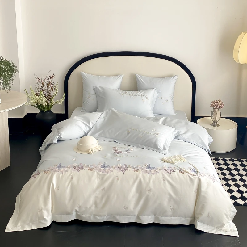 左柚家丨蝶漫丛花  全棉轻奢蝴蝶刺绣四件套柔软被套纯棉床品套件