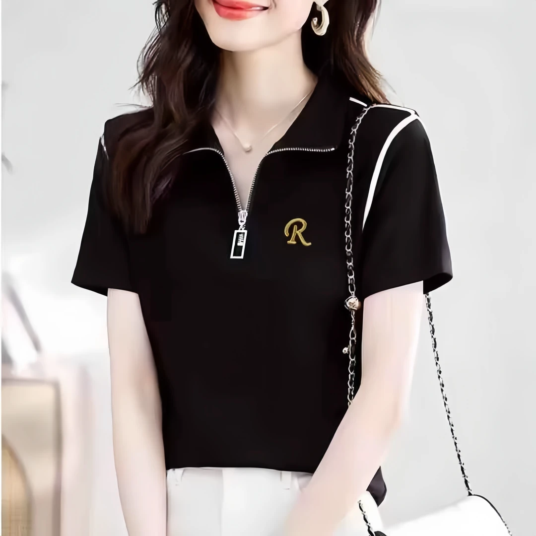 短袖T恤女字母洋气休闲百搭刺绣拼色设计感时尚上衣2025夏季新款