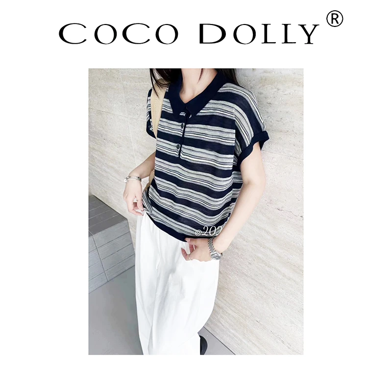 COCO DOLLY欧洲站必入爆款翻领条纹短袖针织衫8031