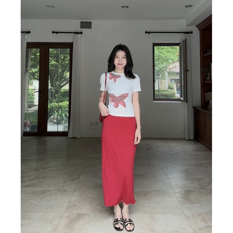 郭九九呢 天丝清凉感蝴蝶兰修身显瘦短袖T恤直筒半身裙G925A04903