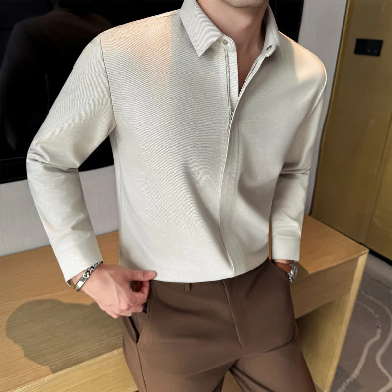 老钱风厚款毛呢无痕拉链衬衫男高级感磨毛保暖长袖衬衣商务休闲