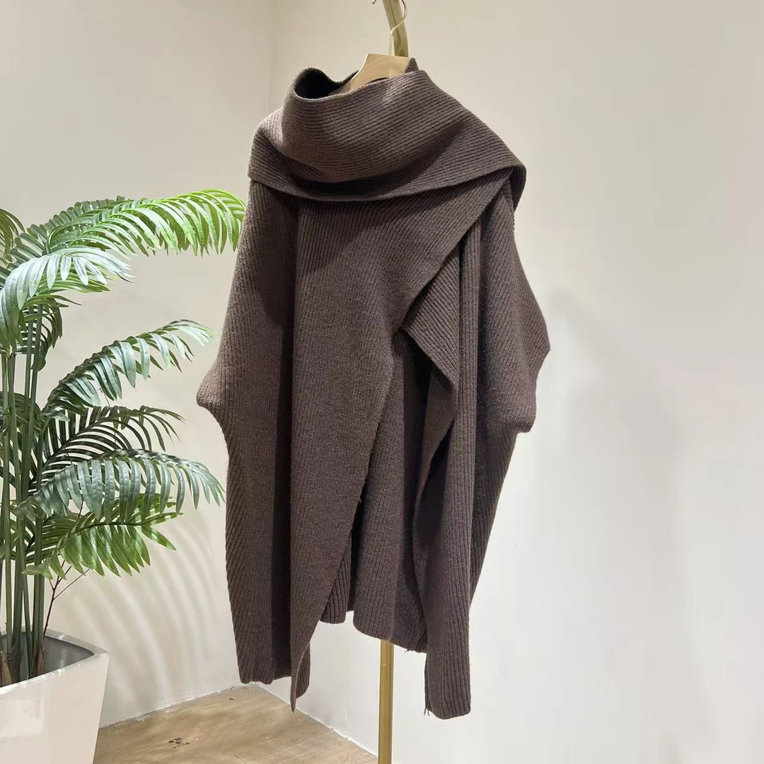 AB500新款宽松韩版围巾毛衣斗篷针织外套丹宁风围巾款毛衣马甲