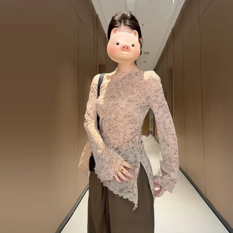 大码辣妹穿搭不规则长袖针织衫女秋季胖MM遮肉显瘦别致上衣-D9430