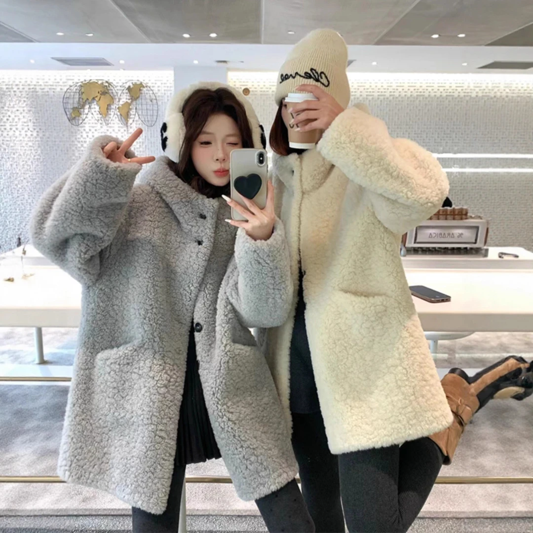 秋冬季新款韩版宽松加厚女外套中长款显瘦加绒保暖连帽绒毛大衣