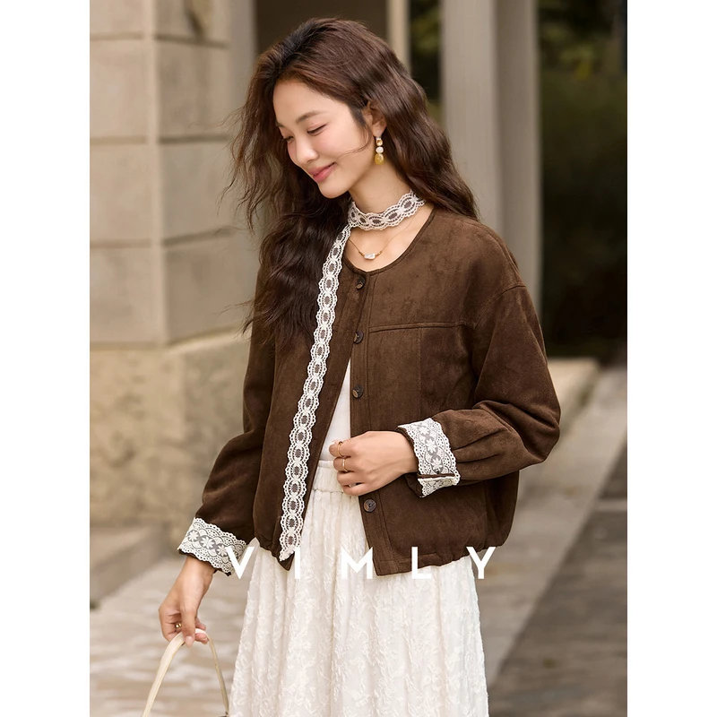 D梵希蔓棕色复古圆领鹿茸皮外套女冬季新款蕾丝拼接夹棉上衣A3530