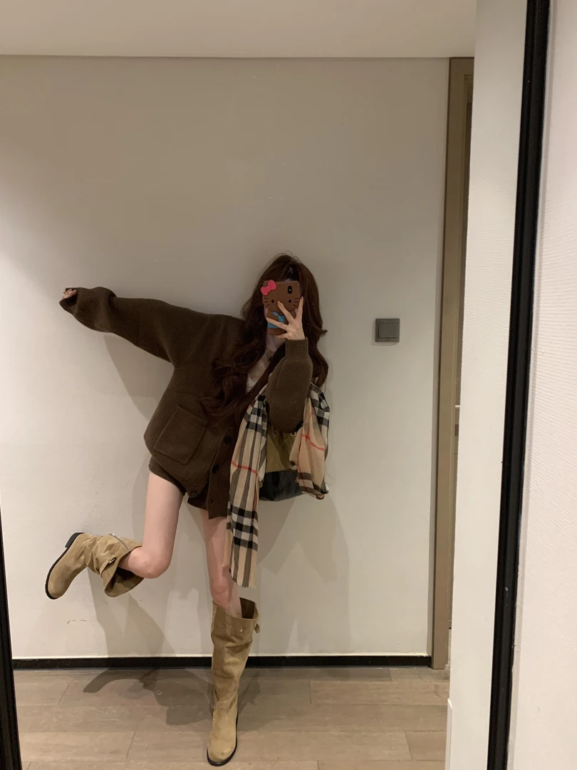 美拉德风穿搭棕色针织开衫慵懒风宽松毛衣外套女2025新款爆款秋季