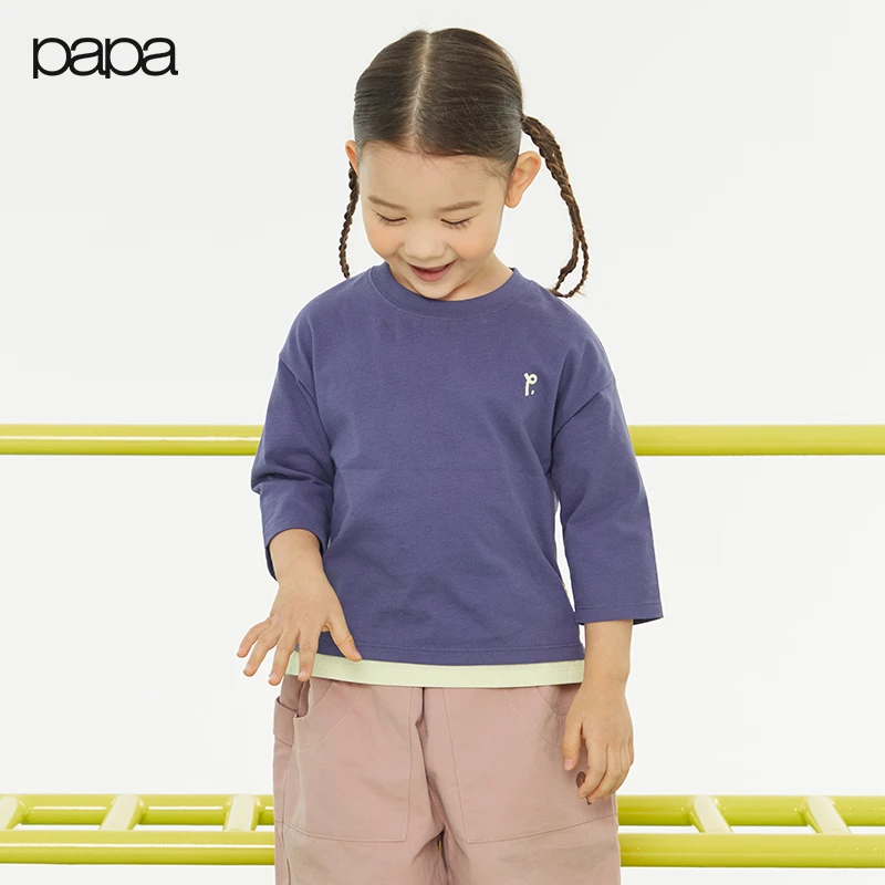 【假两件七分袖】papa爬爬春季儿童T恤男女童纯棉撞色短