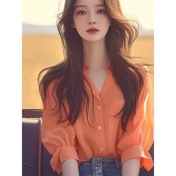 2025夏季韩系独特别致小衫高级感上衣洋气减龄绝美橙色泡泡袖衬衫