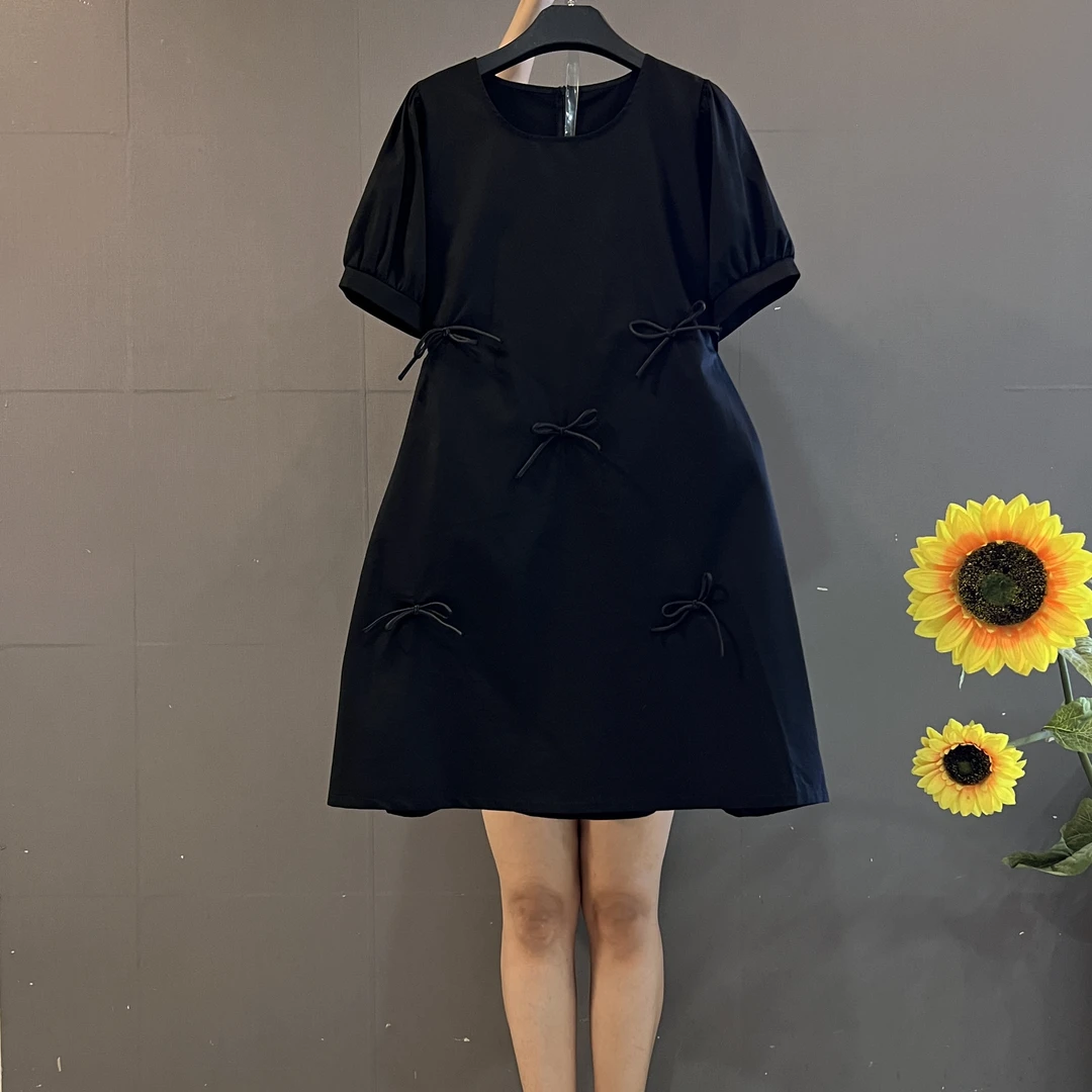 时尚气质圆领蝴蝶结设计显遮肉大码连衣裙