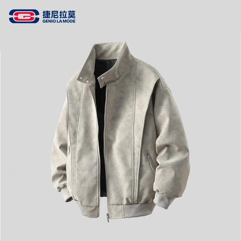 【敖瑞鹏代言】美式复古棒球服高领休闲宽松美拉德水洗皮衣港风