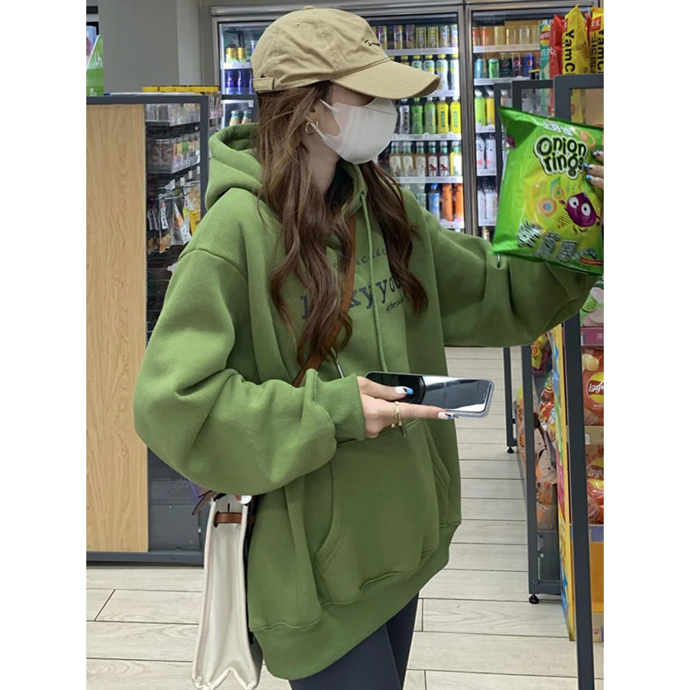 绿色连帽卫衣女2025秋冬新款韩版宽松加绒加厚中长款慵懒风上衣潮
