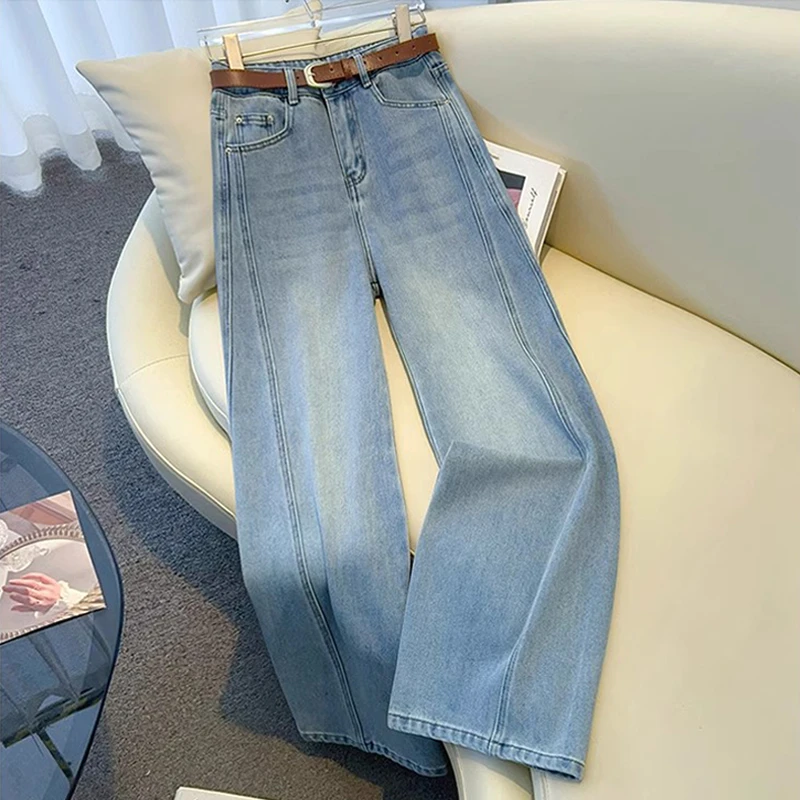 拉夏贝尔阔腿牛仔裤女秋冬季2025新款设计感拖地裤宽松弯刀直筒裤